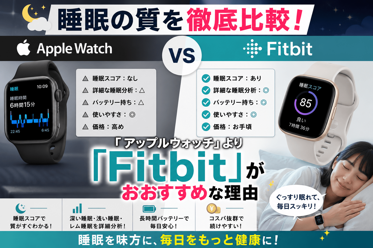睡眠の質を徹底比較！「アップルウォッチ」より「Fitbit」がおすすめな理由