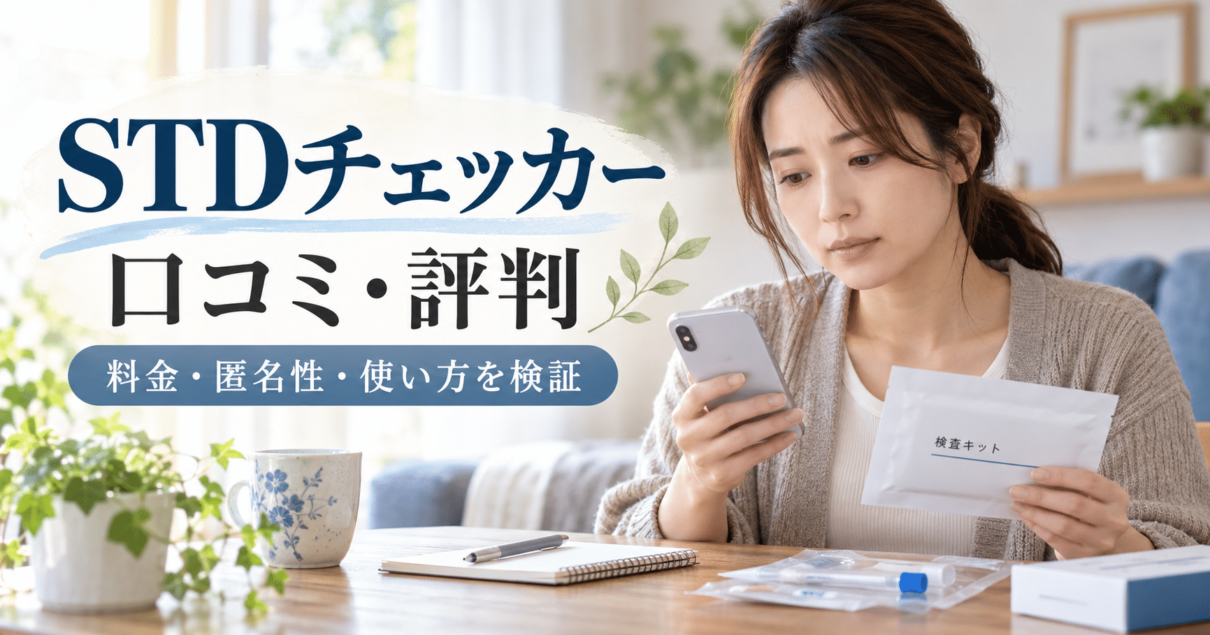 自宅のテーブルでSTD検査キットを手に持ち、スマートフォンを見つめる女性。画面左に「STDチェッカー 口コミ・評判 料金・匿名性・使い方を検証」という文字が入ったアイキャッチ画像。